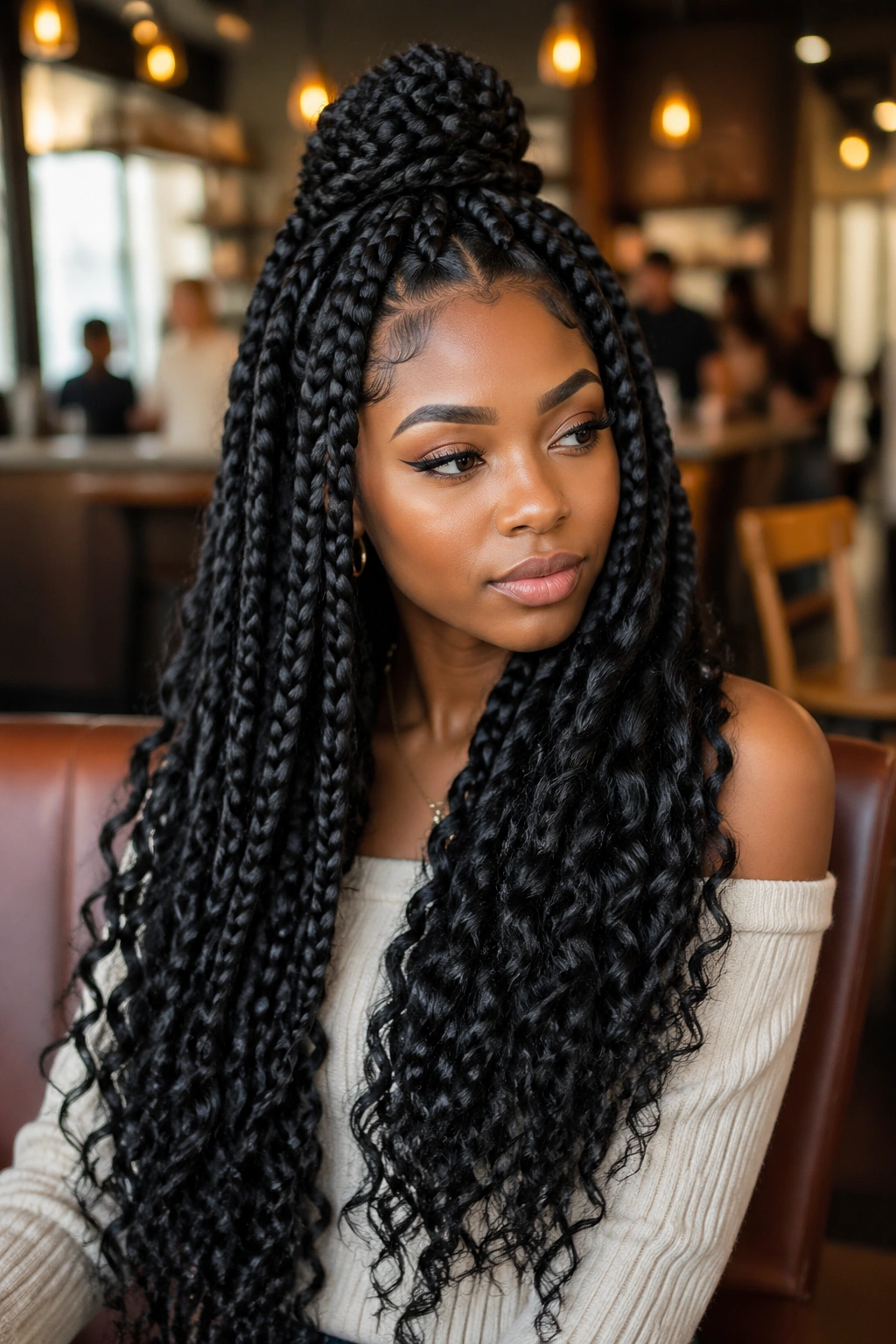 Real woman with half-up jumbo goddess box braids in a cozy cafe setting
