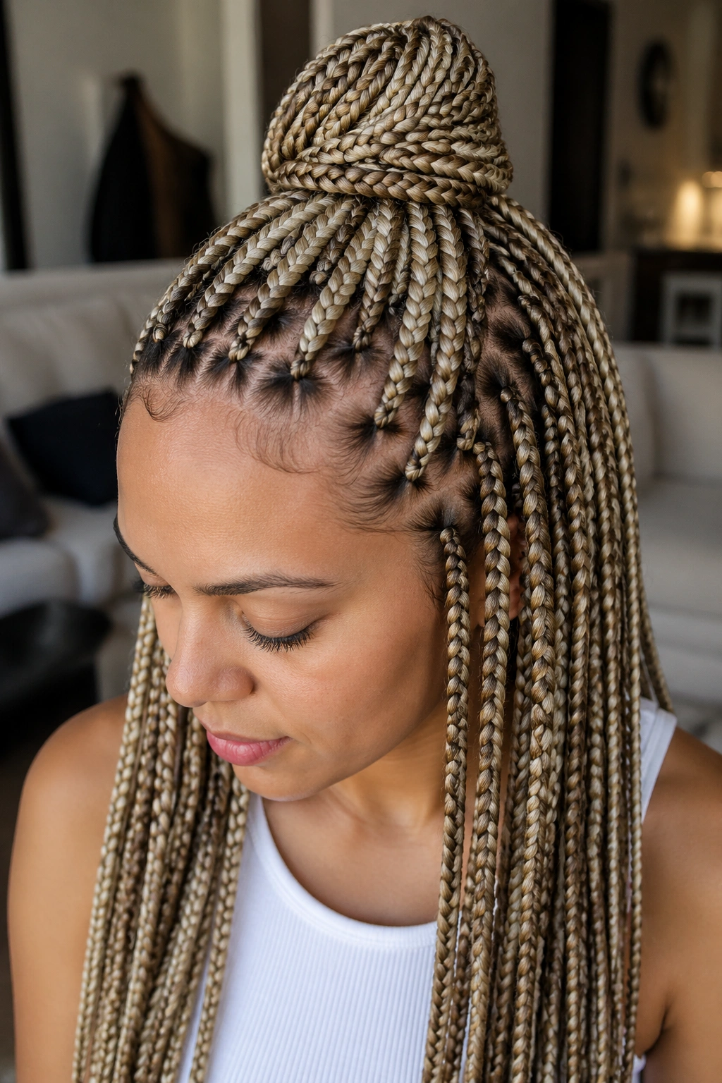 Close-up of real person with half-up knot showing blonde crown detail on knotless braids