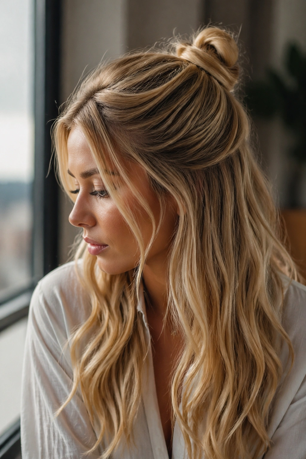 Close-up portrait of a real woman with a half-up knot in long blonde hair