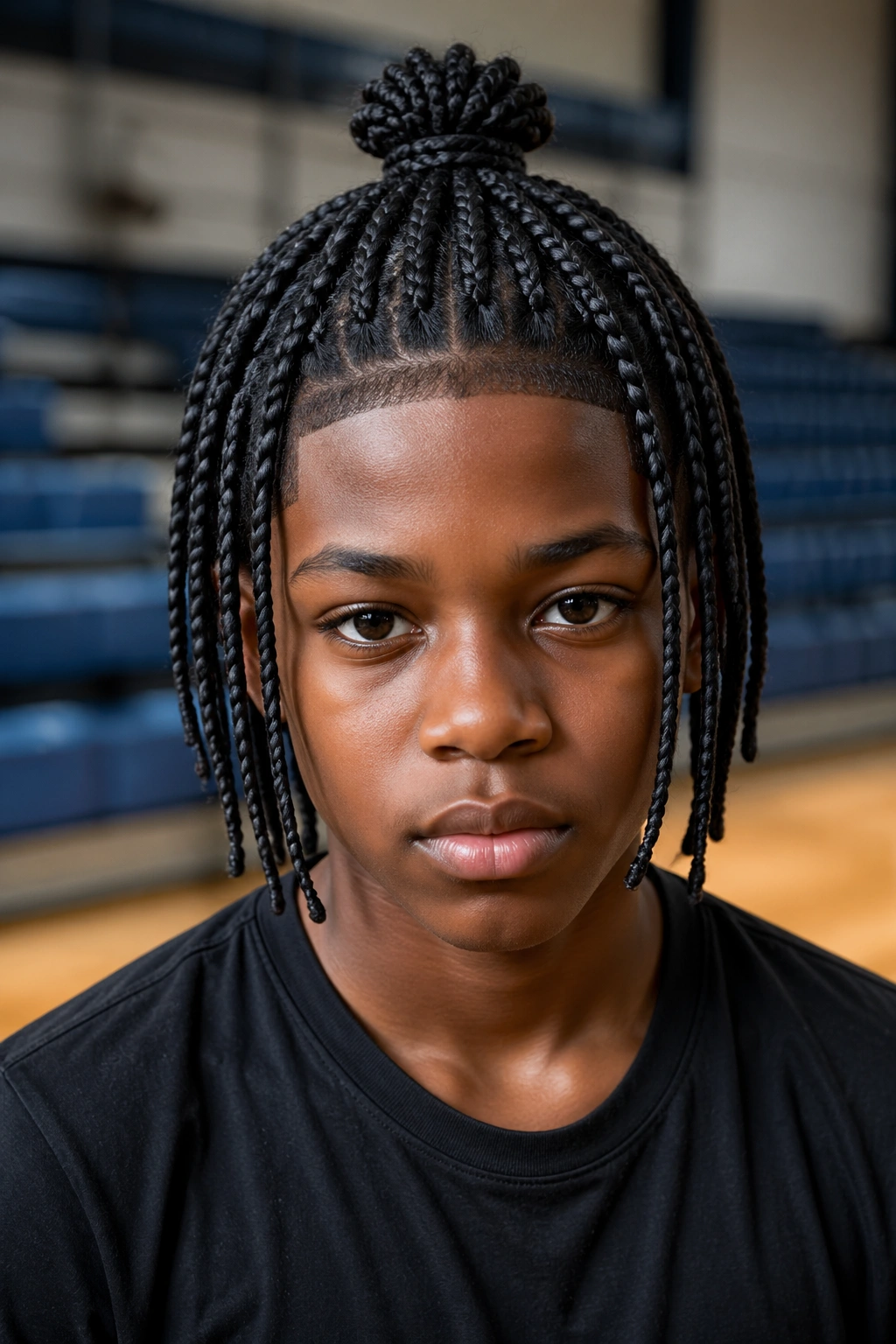 Close-up of a real boy with half-up top knot medium box braids