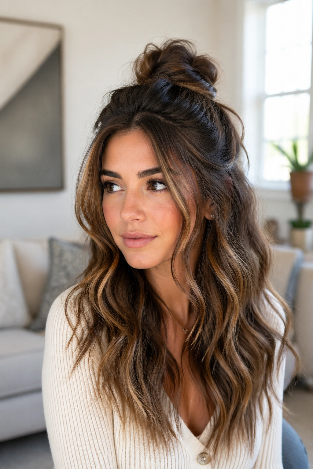 Head-and-shoulders portrait of a real woman with a loose half-up knot and face-framing pieces