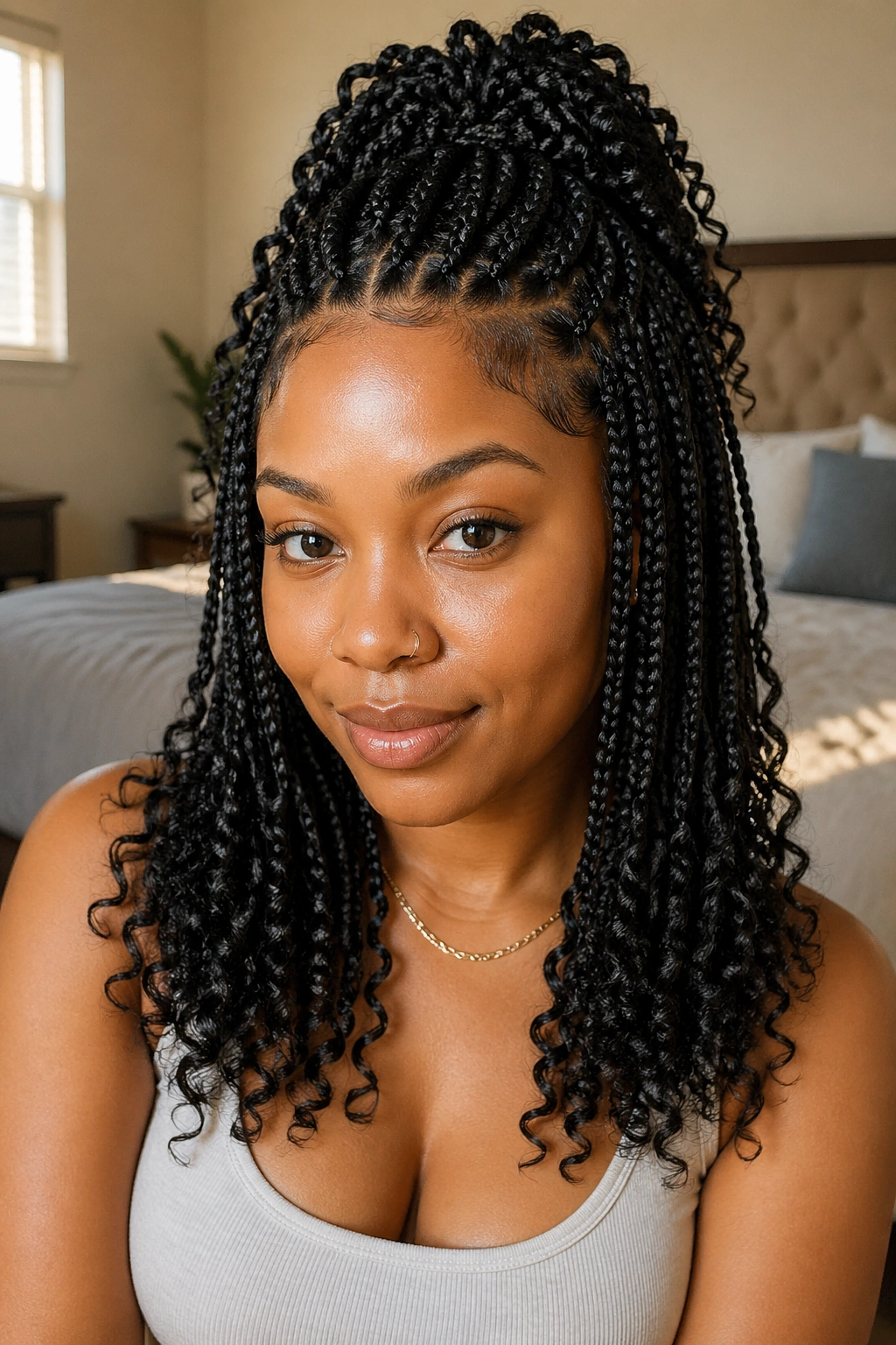 Close-up of a real woman with half-up knotless box braids and curly ends