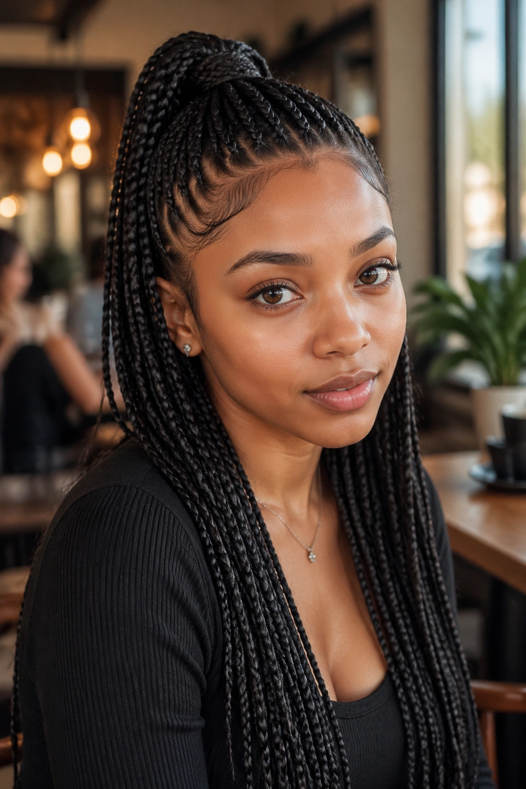 Real woman with half-up knotless braids showing laid edges at the temples.