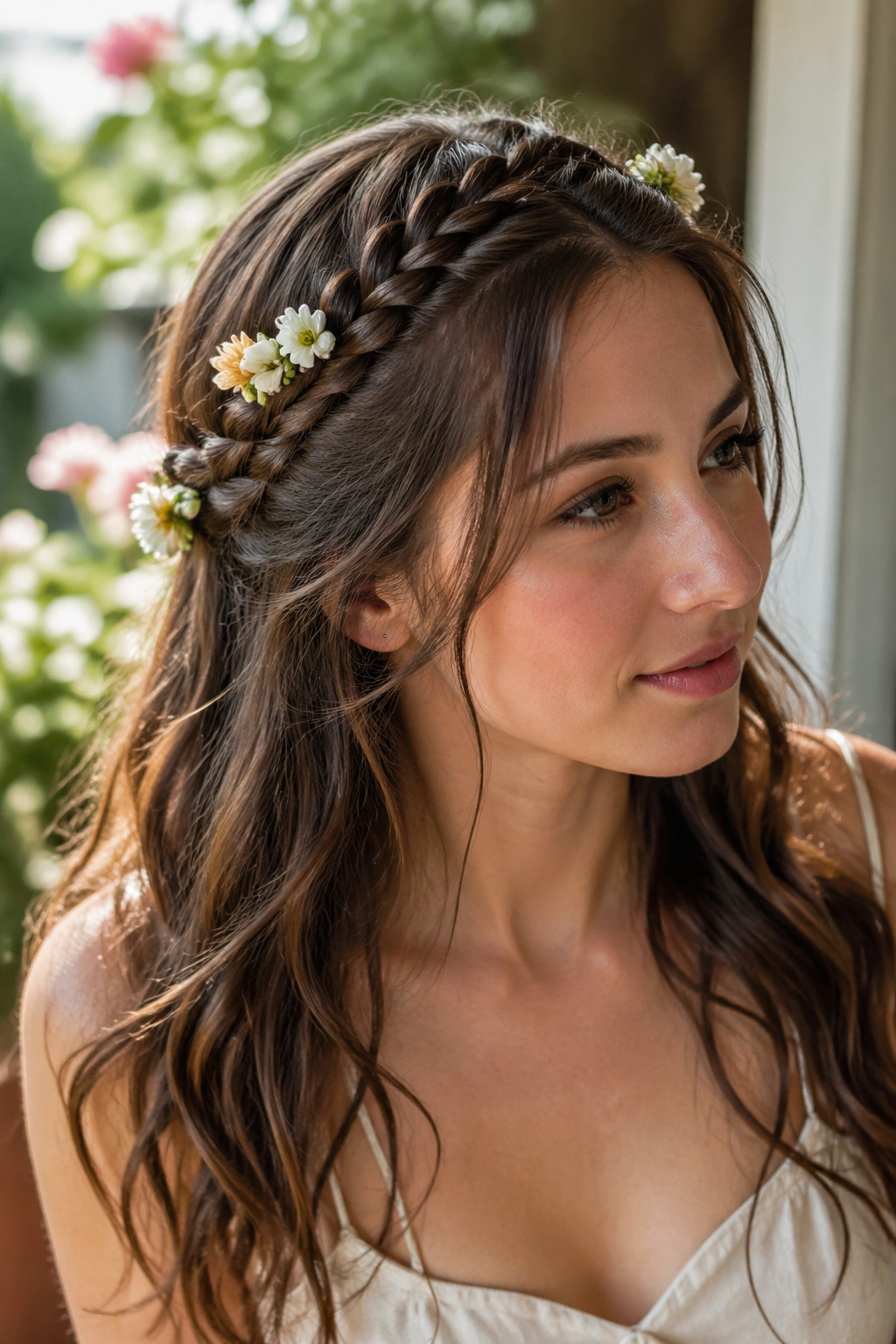 Close-up of half-up lace braid adorned with freesia sprigs on a real person