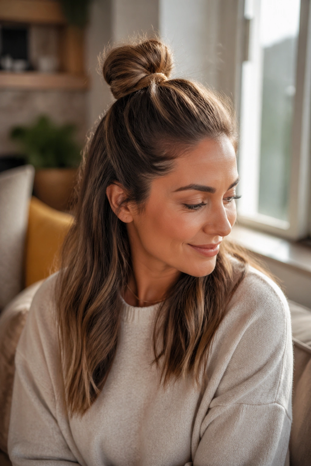 Medium close-up of a woman with a half-up lazy bun