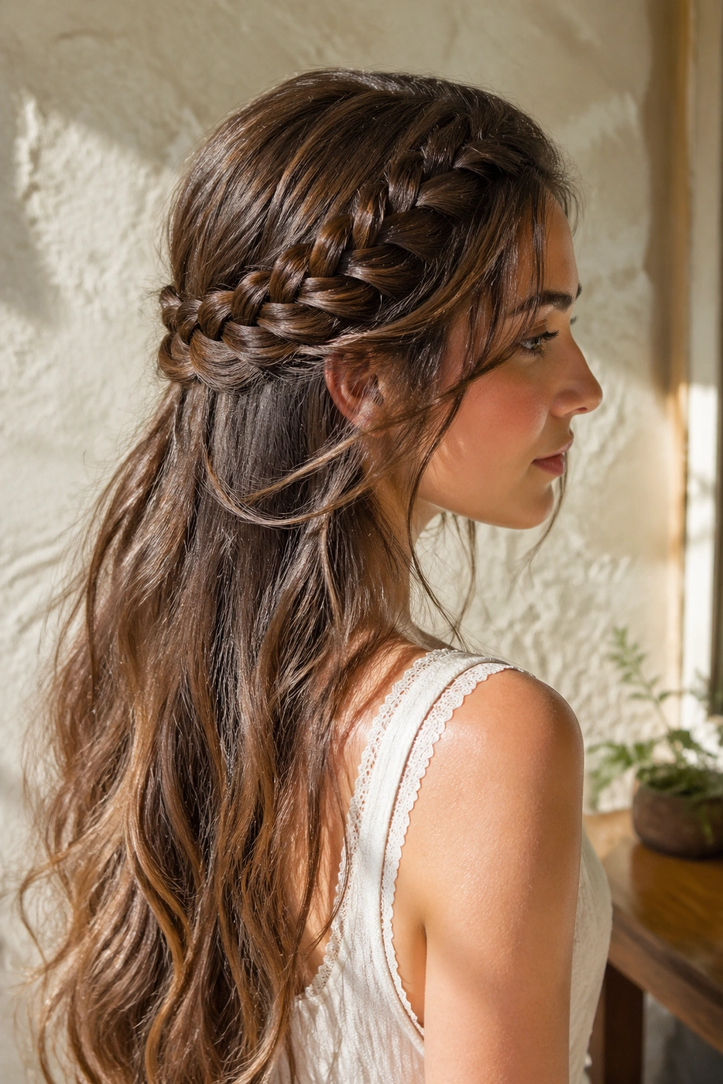 Portrait of a real woman with a half-up mermaid braid and loose flowing hair.