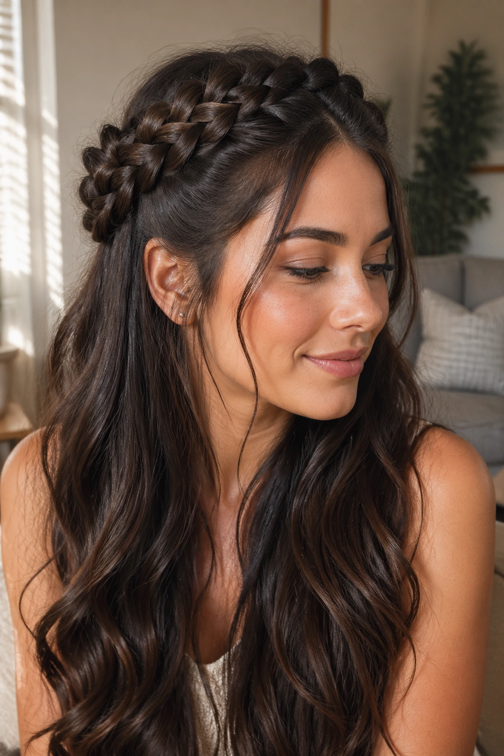 Close-up of a real woman with top-half crown braids and loose length