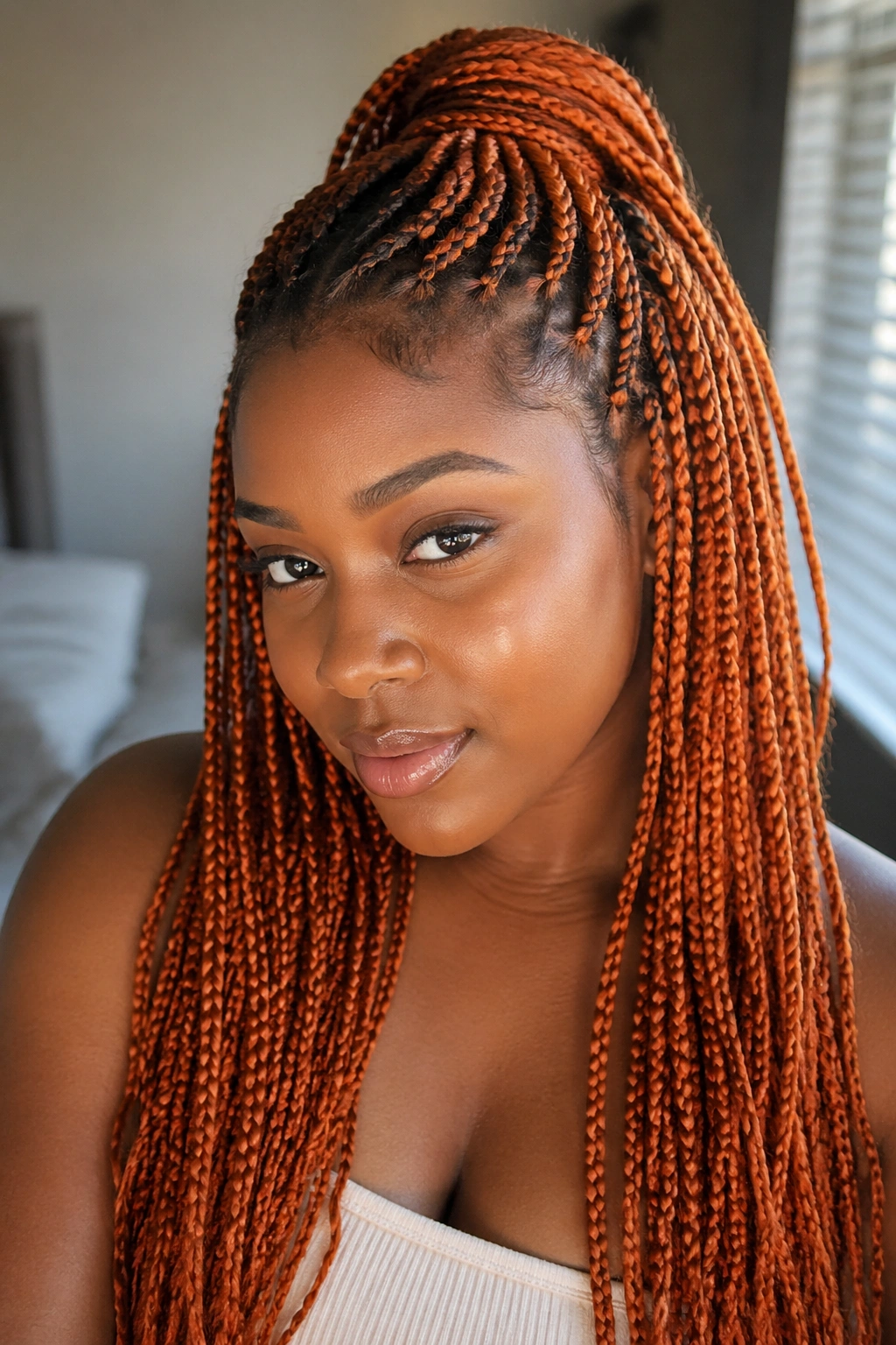 Close-up of a real woman wearing half-up, half-down orange box braids