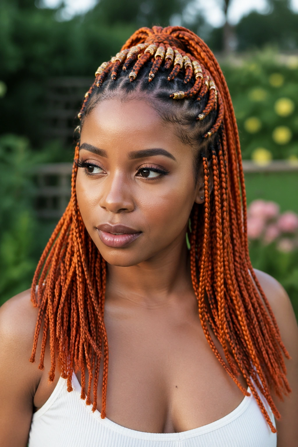 Close-up of a real person with half-up orange braids and beaded crown sections.