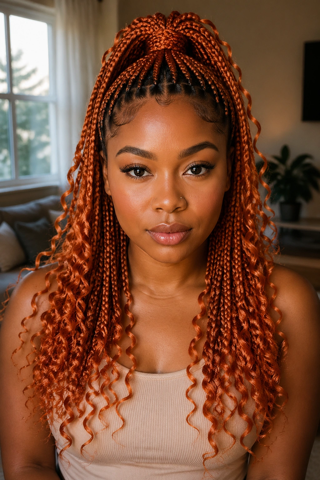 Real woman with half-up orange box braids and curly ponytail.