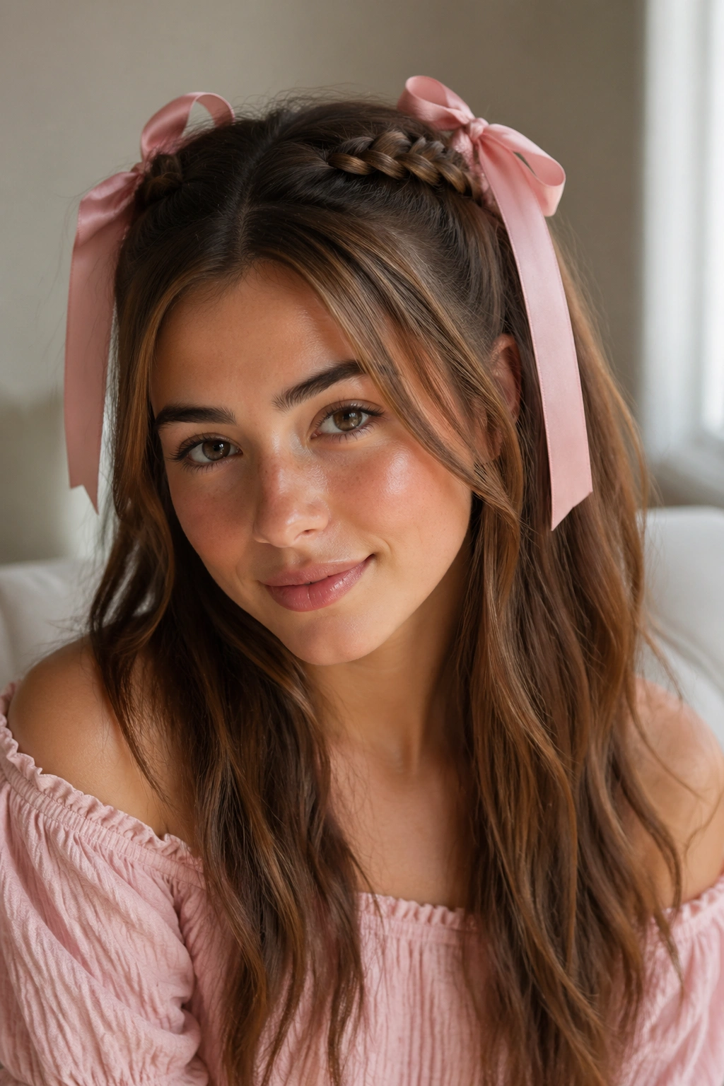 Real woman with half-up pigtail braids ending in satin ribbon ends
