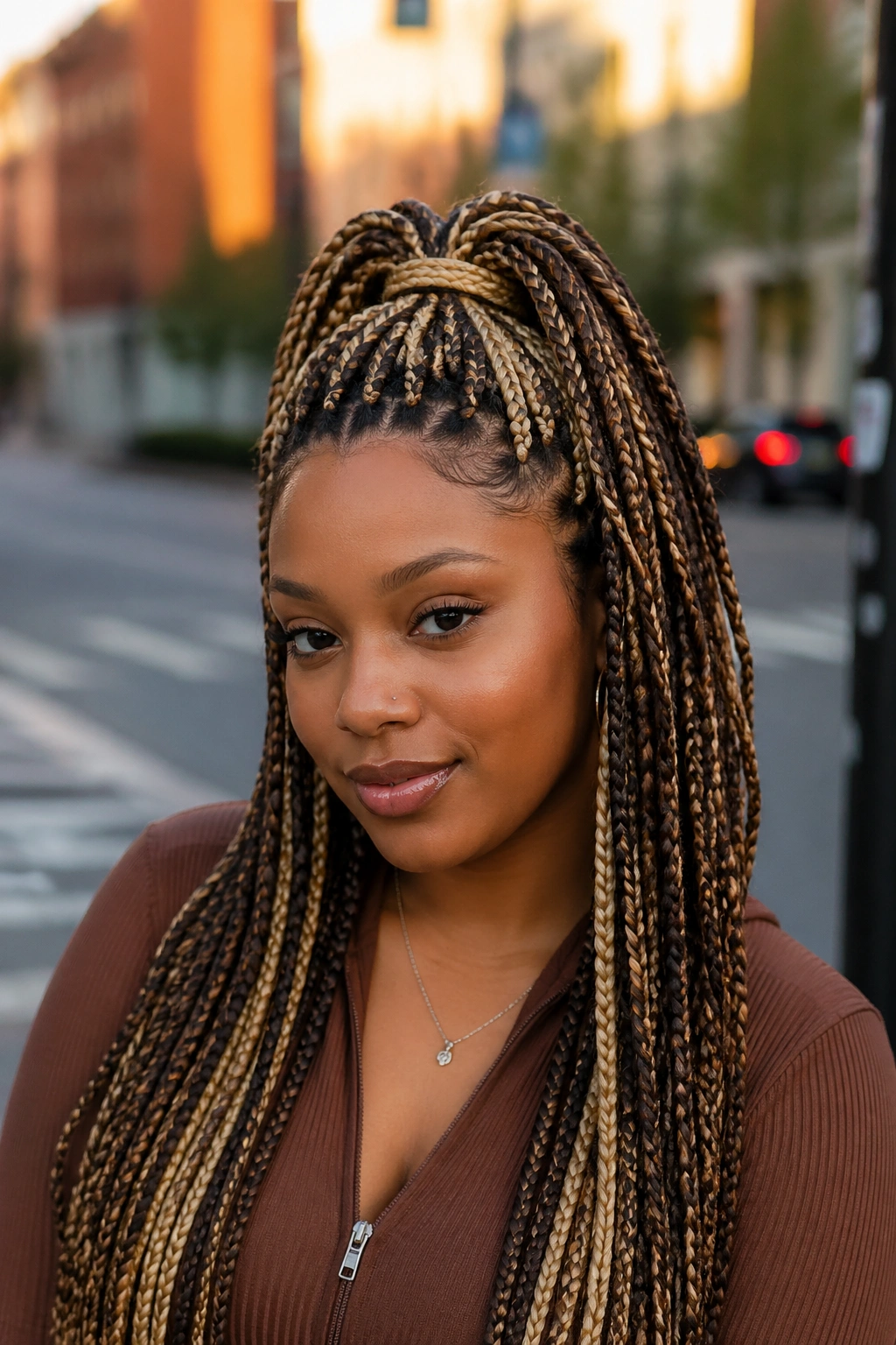 Portrait of half-up pony braids with blonde and brown pieces