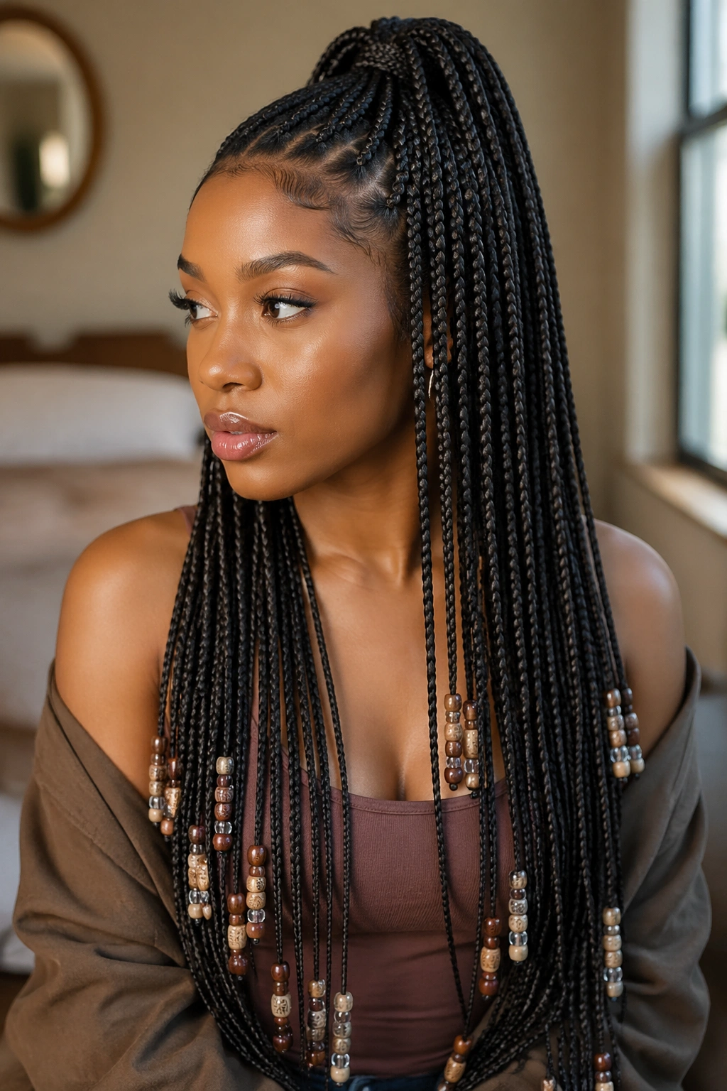 Real woman with half-up knotless box braids and beaded ends
