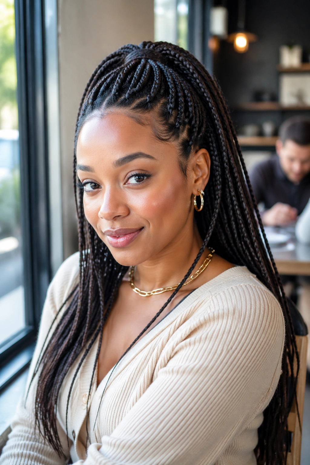 Front three-quarter view of half-up box braid ponytail on real person