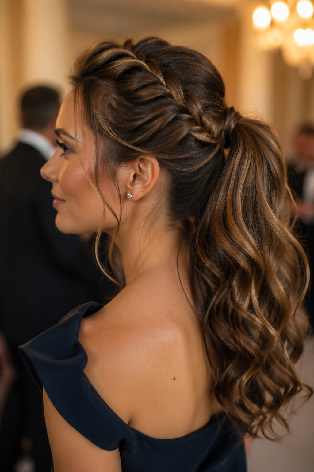 Close-up of a real woman with a half-up braided ponytail and curled ends.