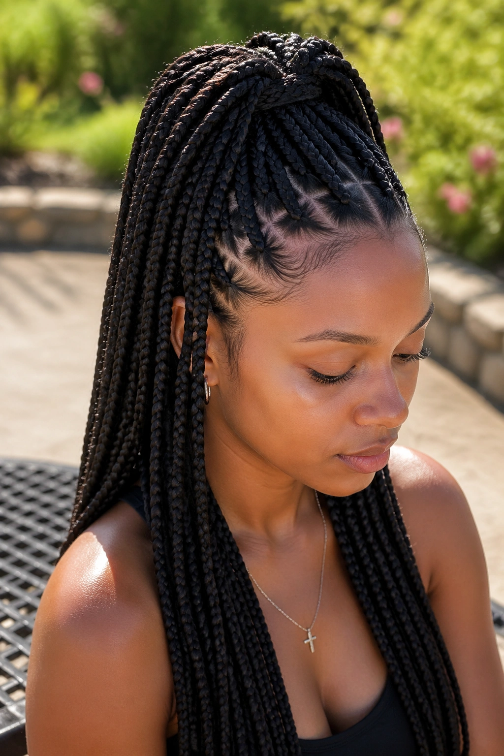 Close-up of a real woman with half-up ponytail on long medium box braids.