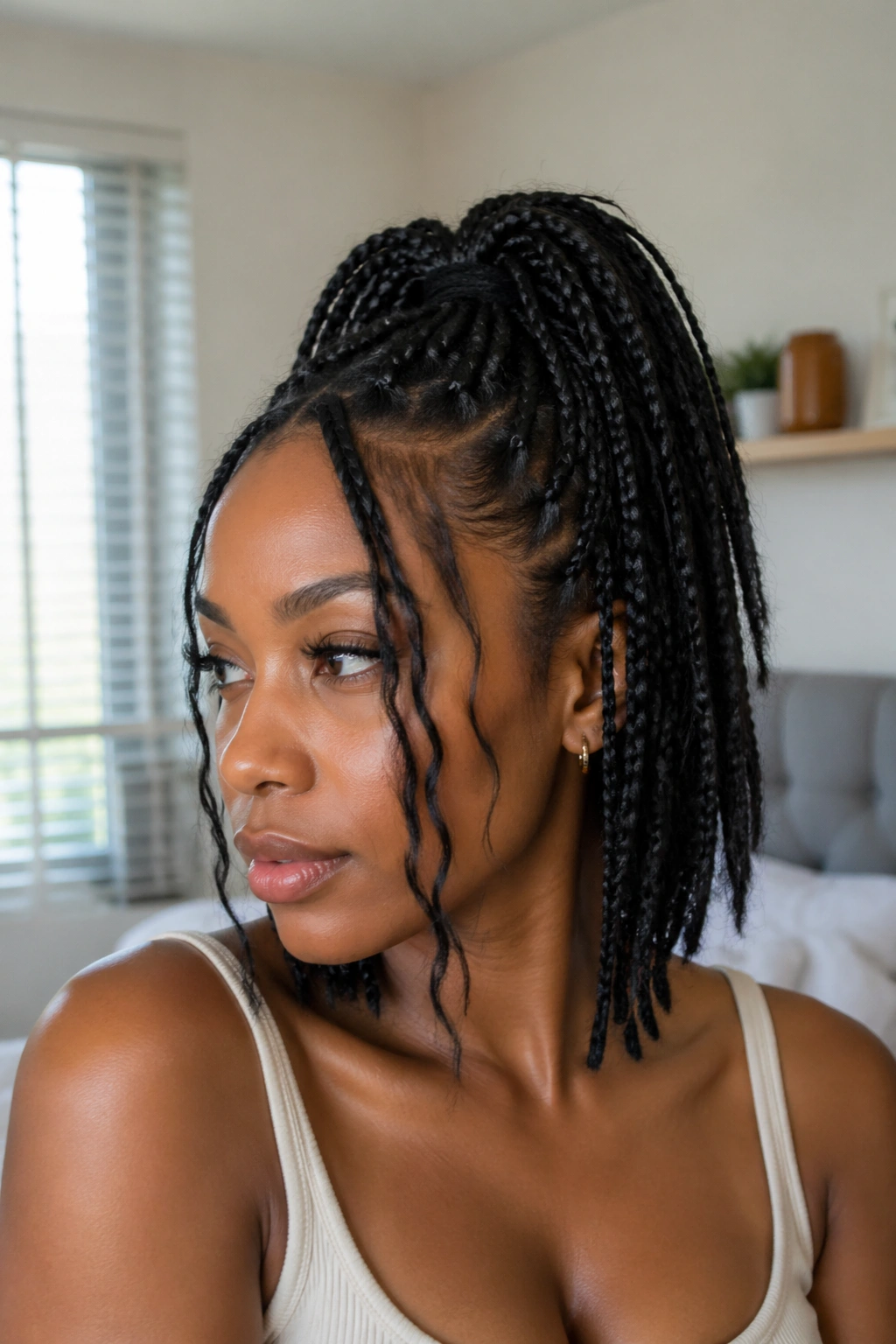 Real person with half-up ponytail and loose face-framing strands.