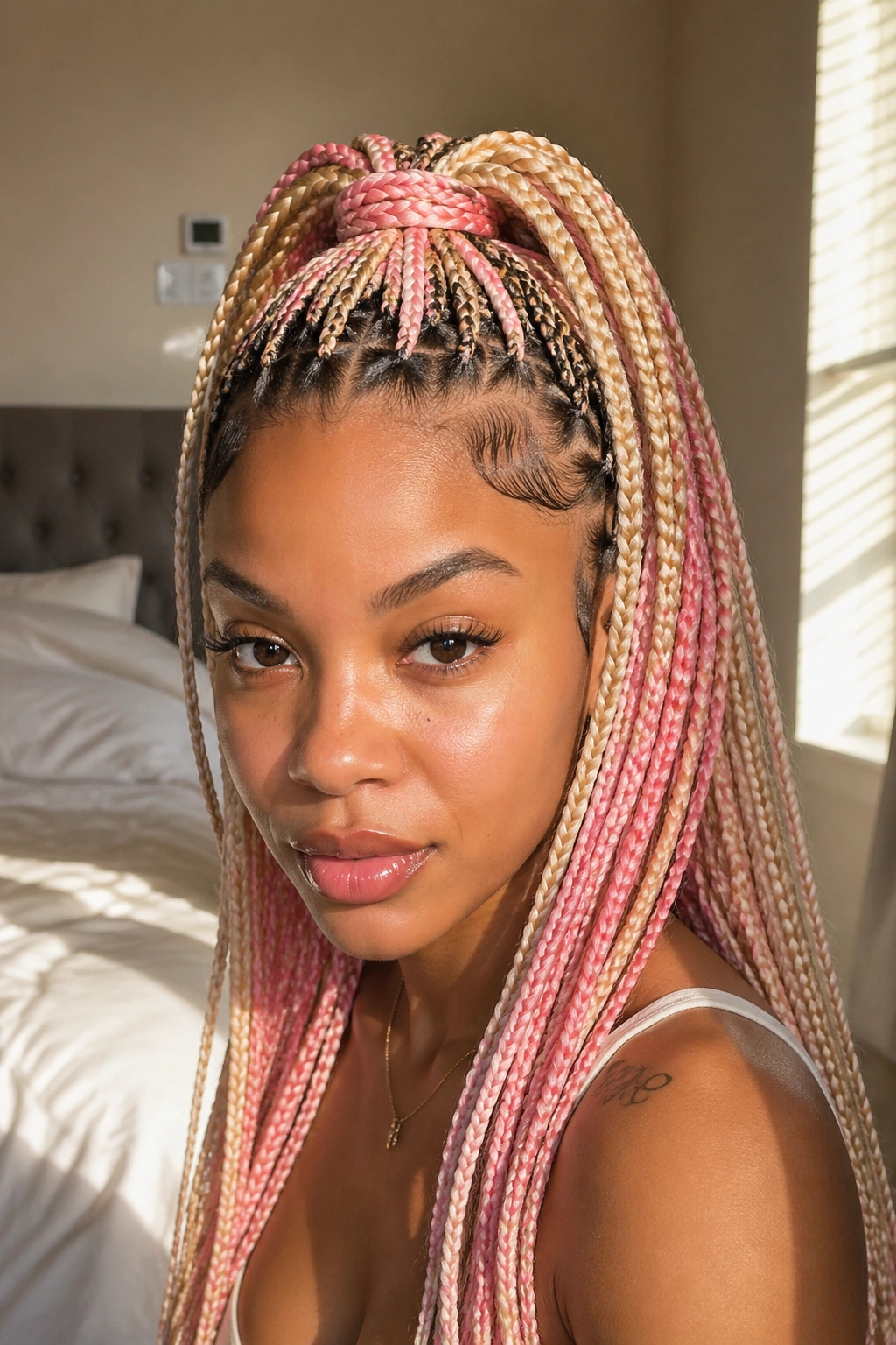 Close-up of a real woman with a half-up ponytail of blonde and pink knotless braids