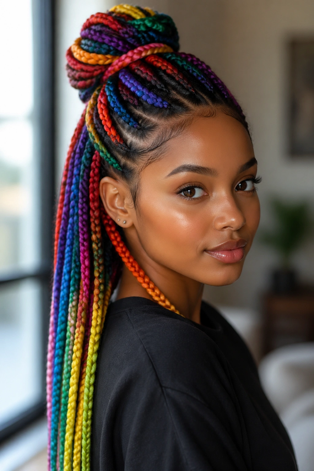 Rainbow box braids styled half-up with visible color bands
