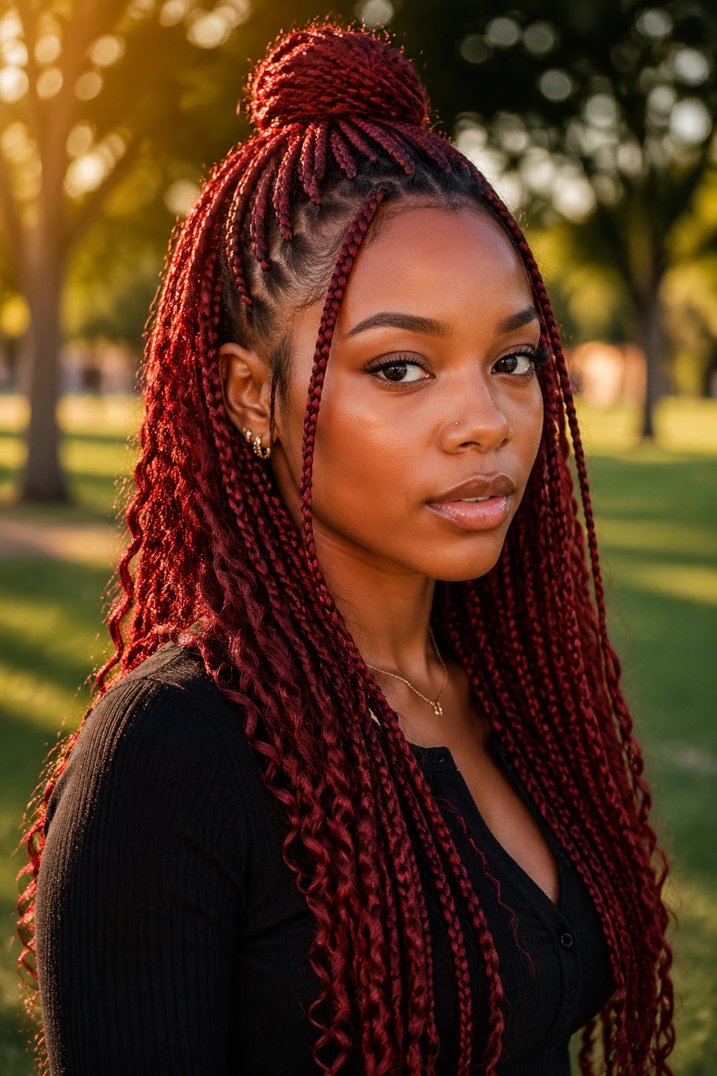 Half-up red boho braids in a real person with top knot outdoors