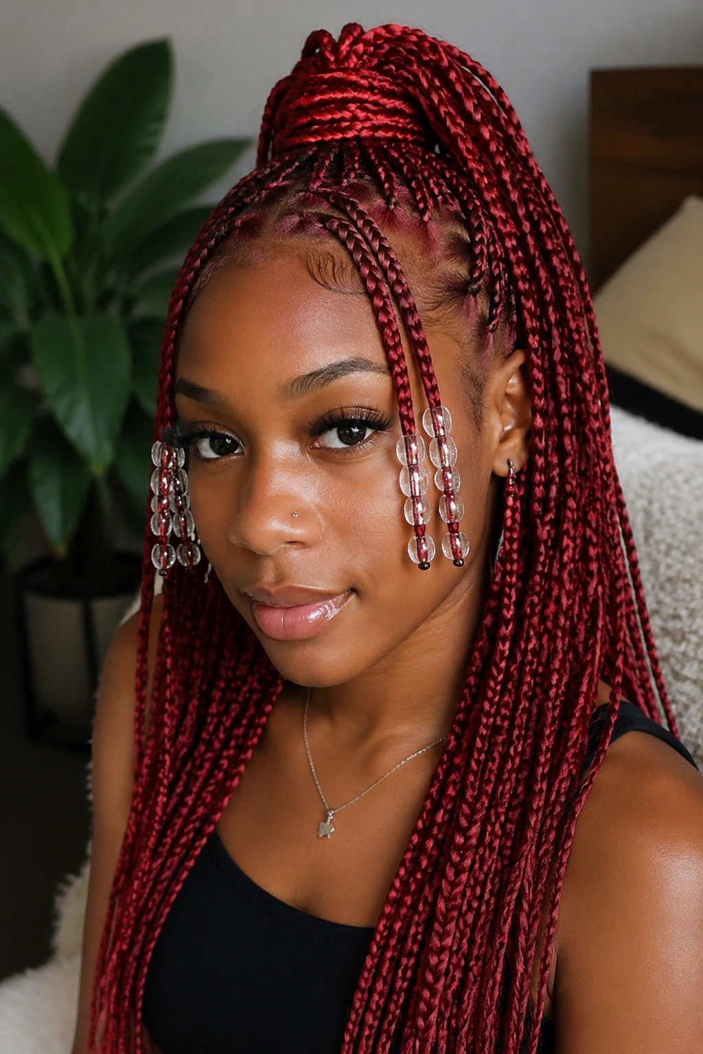 Real woman with half-up half-down red knotless braids and beaded front pieces