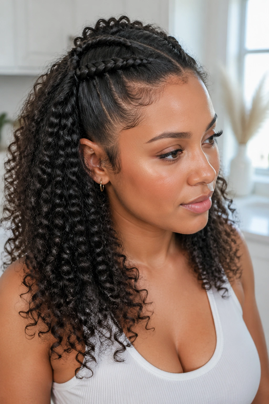 Close-up of a real woman with half-up rope braid and loose curls
