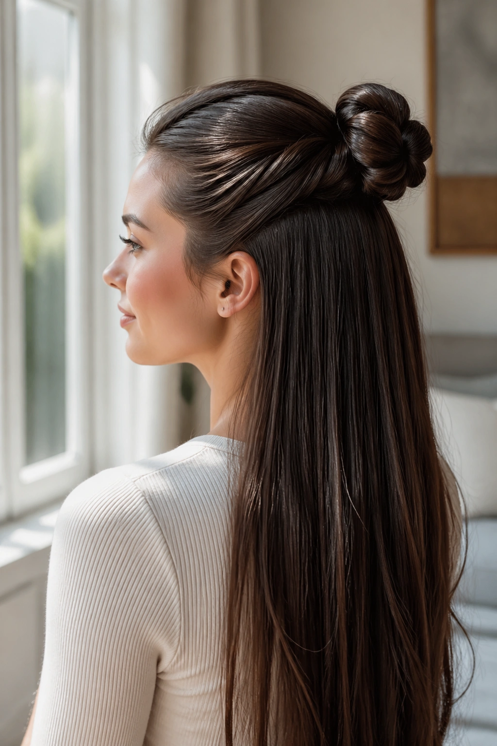 Mid-shot portrait of a real person with a half-up rope braid bun and flowing straight hair.