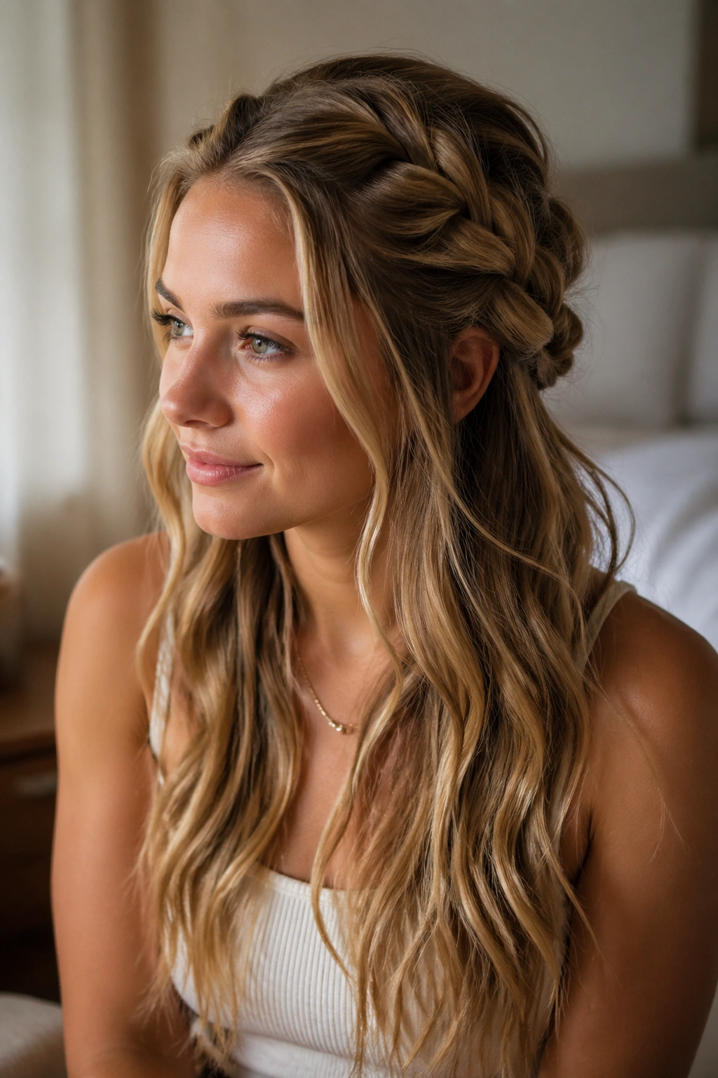 Close-up of half-up rope braid with loose ends on a real woman under soft window light
