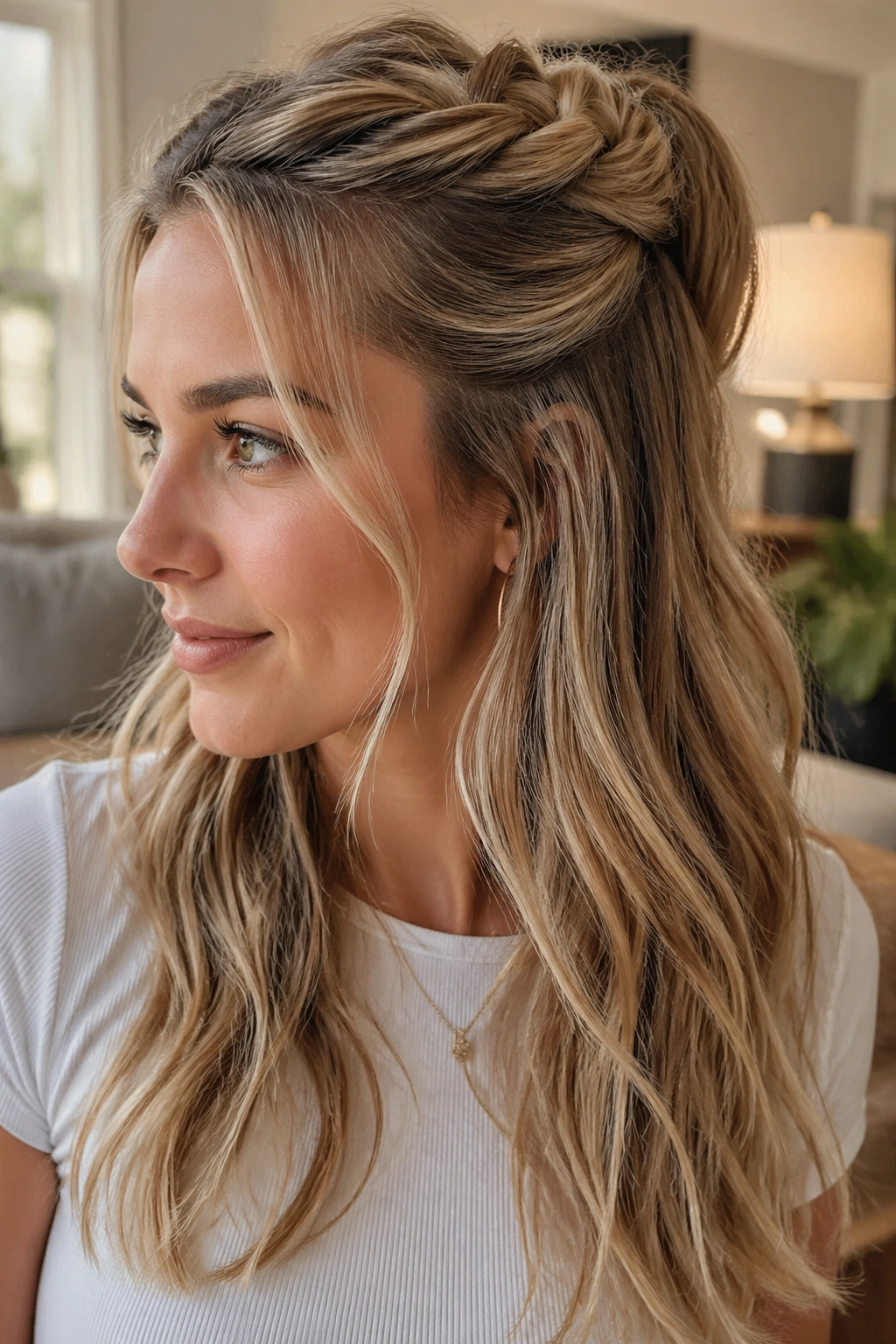 Real woman with half-up rope braid ponytail.