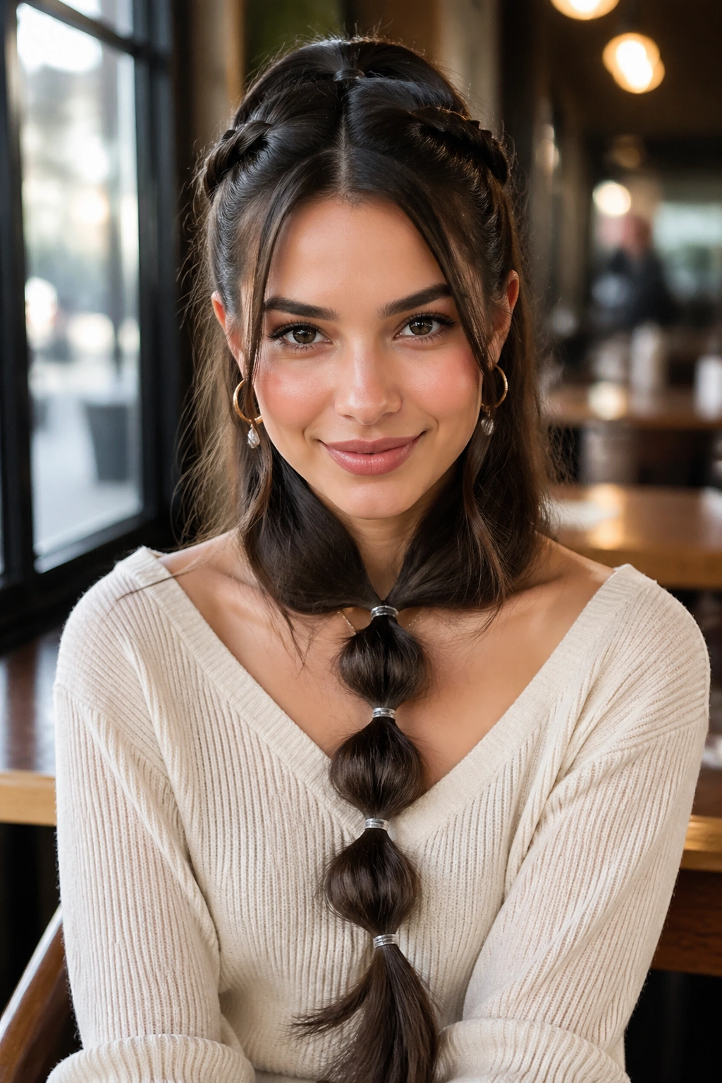Front portrait of a real person with two rope twists and a bubble-tail half-up ponytail.