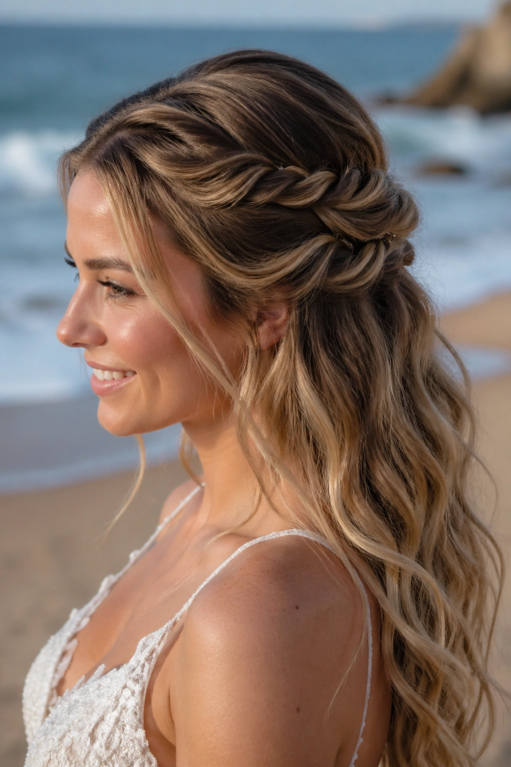 Bride with half-up rope twists and soft waves at the beach