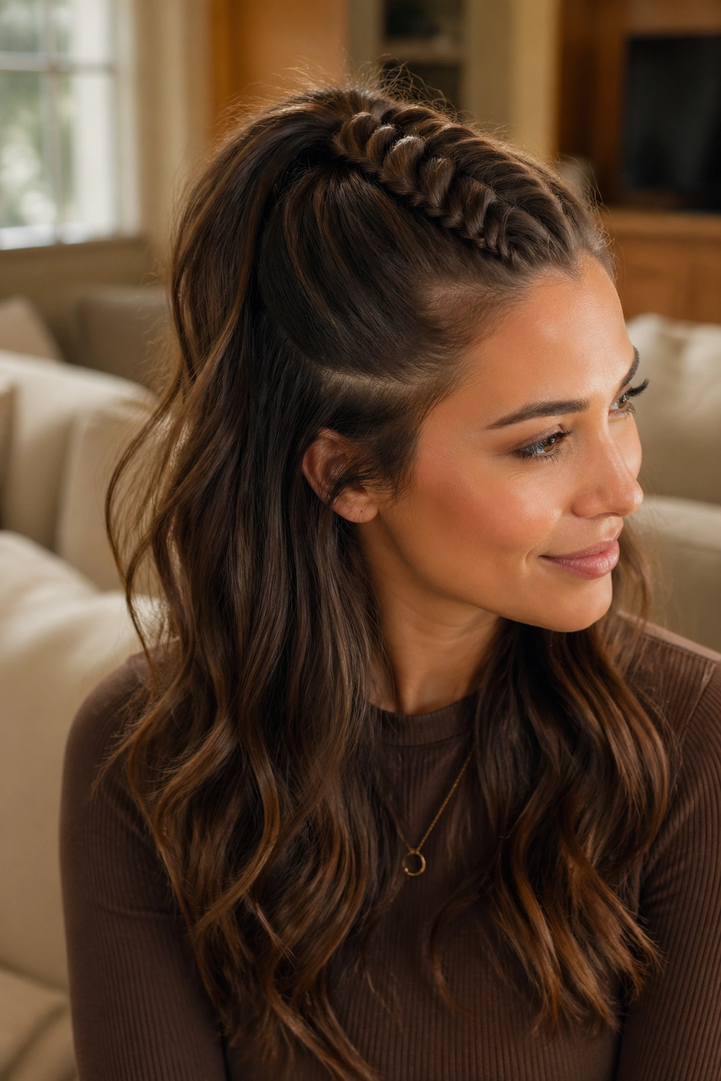 Close-up portrait of a real woman with a half-up snake braid ponytail in a cozy living room