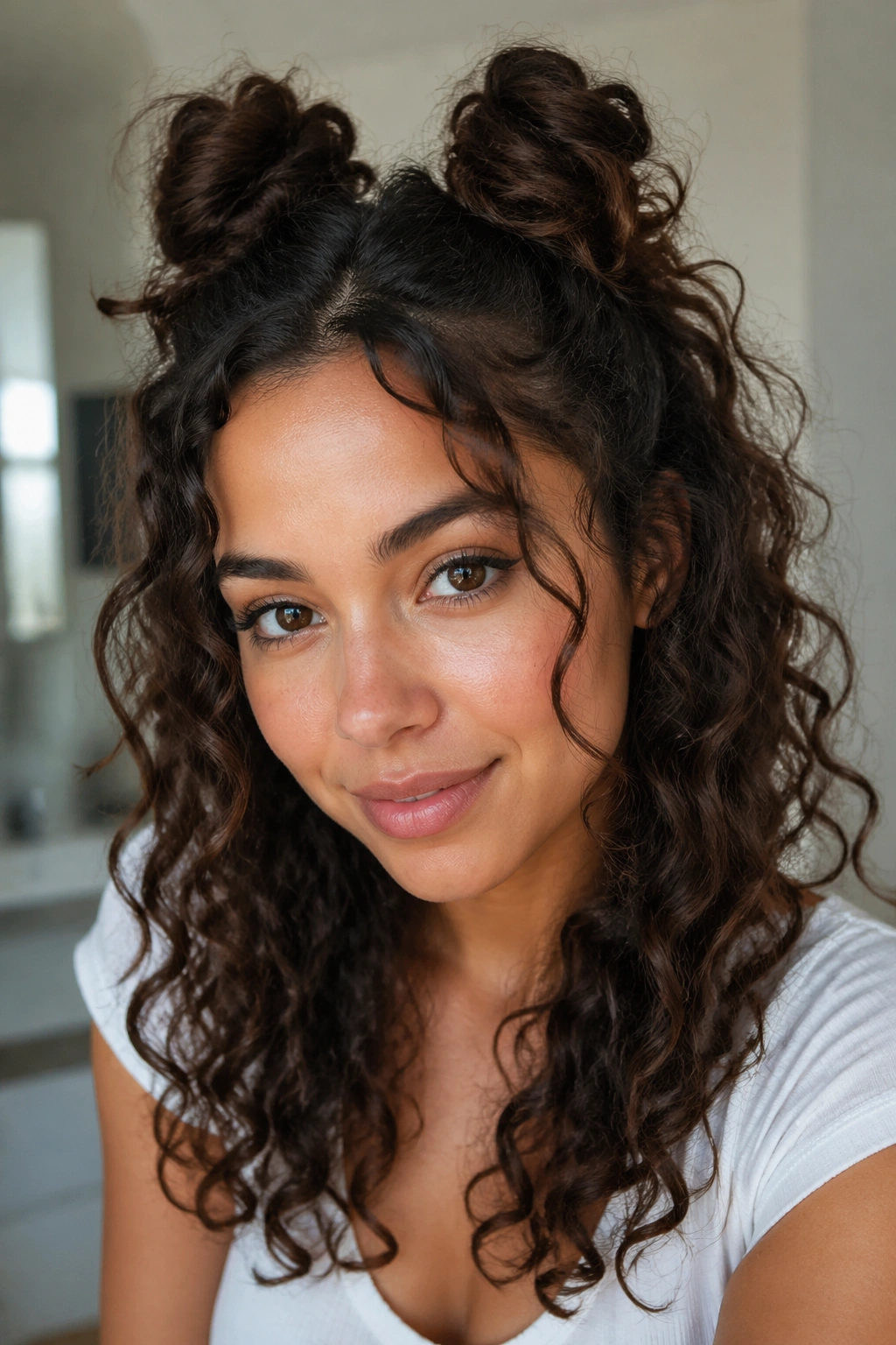 Close-up of a real person with half-up space buns and loose curls around the face