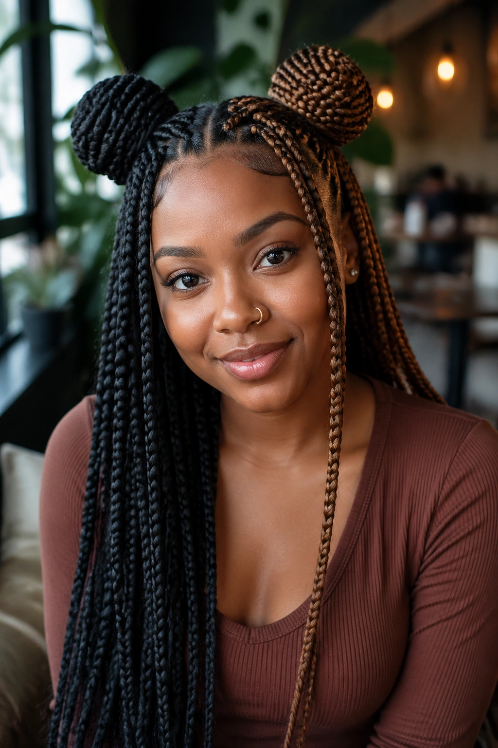 Real person with half-up space buns and split-color braids