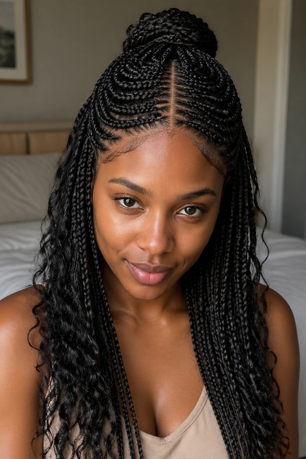 Close-up of a real woman wearing half-up stitch braids with a neat middle part.