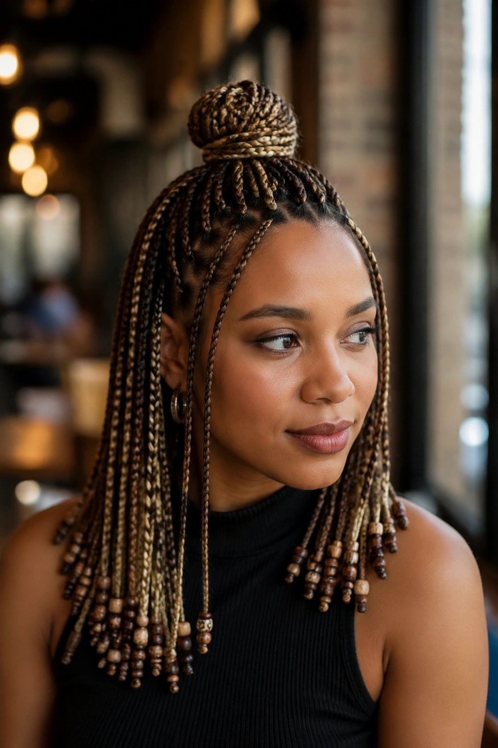 Close-up of a real person with half-up knot braids and bead ends