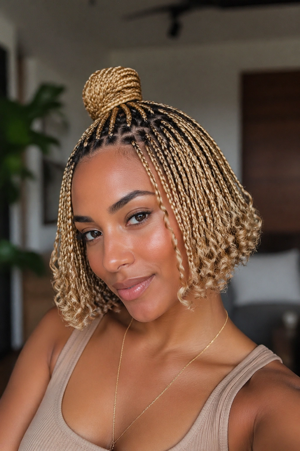 Real woman with short blonde box braids in a half-up top knot