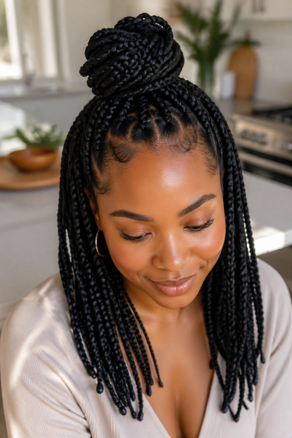 Close-up of a real person with half-up top knot hairstyle from box braids
