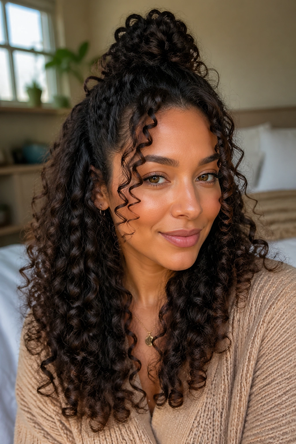 Close-up of a real woman with a half-up top knot in curly hair, living room window light