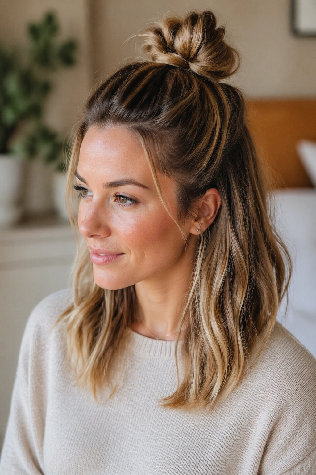 Portrait of a real woman with a half-up top knot and loose bottom layer