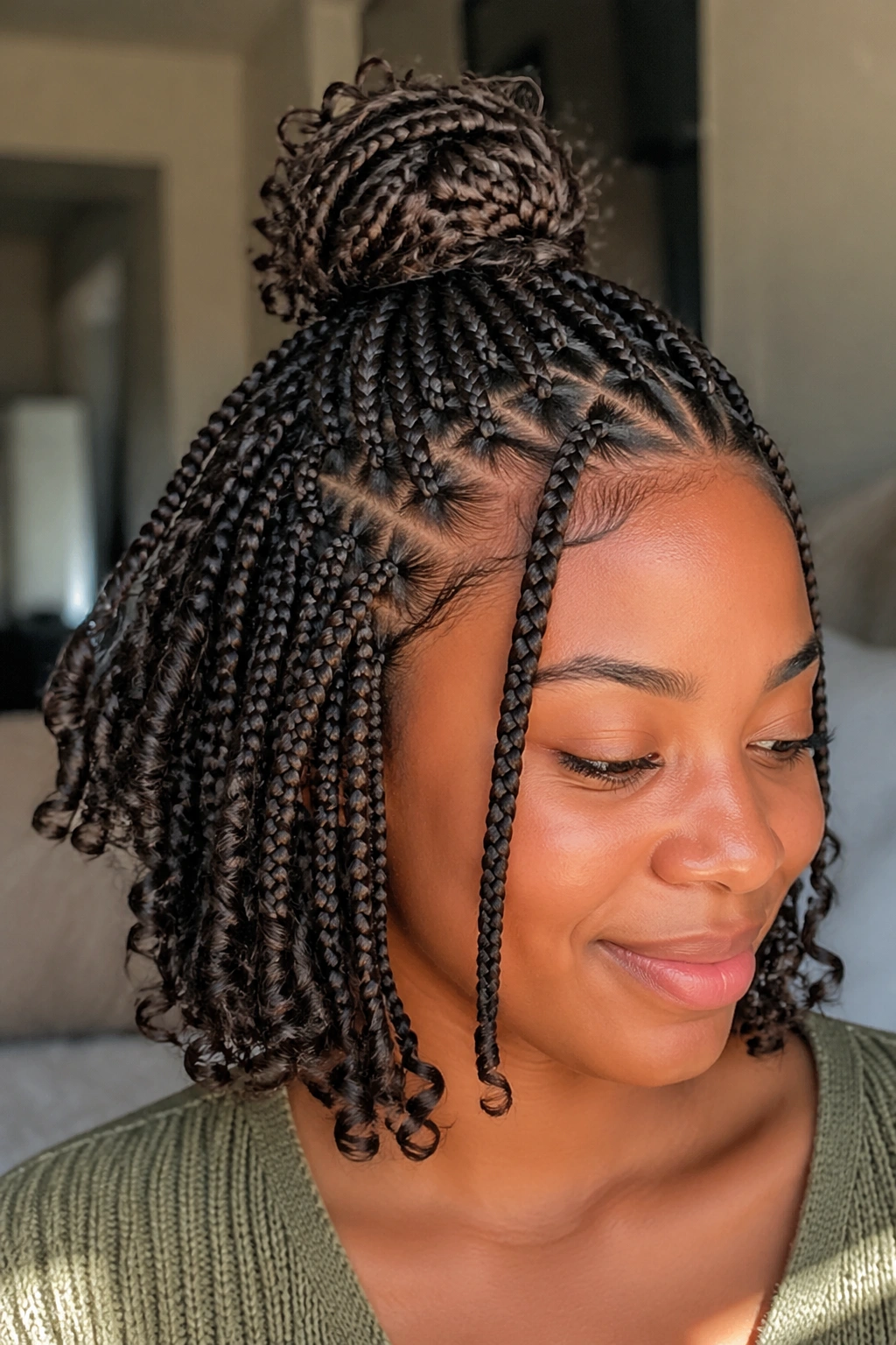 Close-up of a real woman with a loose top knot in a half-up style and visible curls.