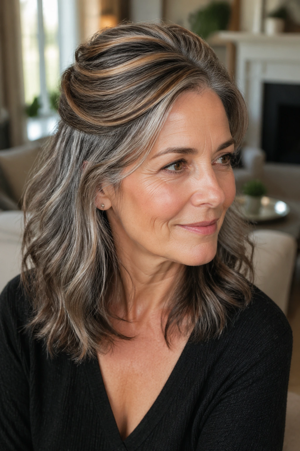 Close-up of a real woman with a half-up twist and dimensional brown lowlights in gray hair