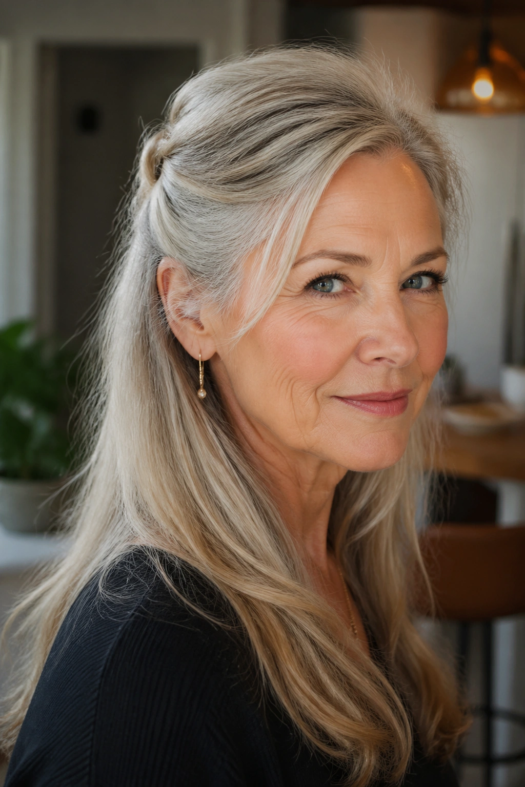 Close-up of a real woman showing a half-up twist with the crown lifted