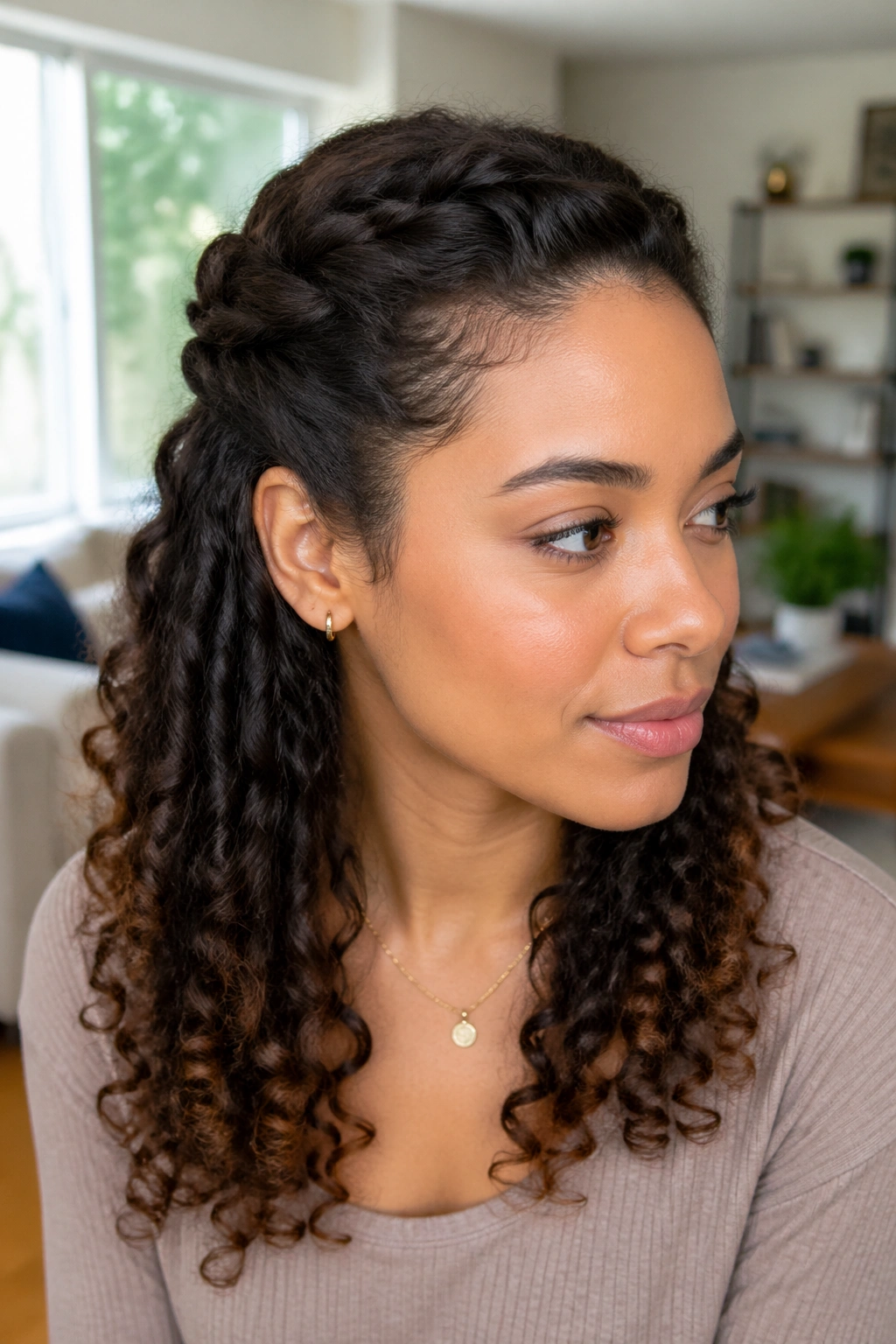 Close-up of a real woman with half-up twist-back hairstyle in natural light
