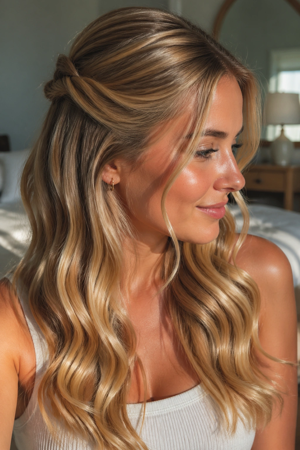 Close-up of real woman with half-up twist and glossy waves in honey-blonde hair, natural window light