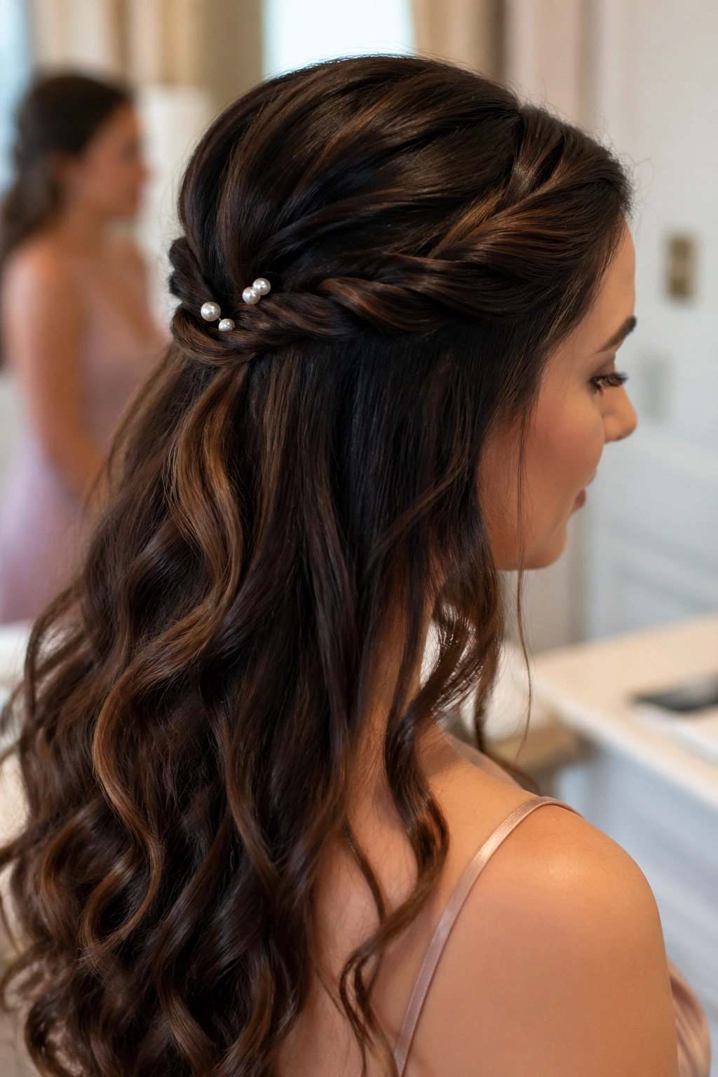 Real woman with twisted half-up hairstyle and pearl pins at the crown