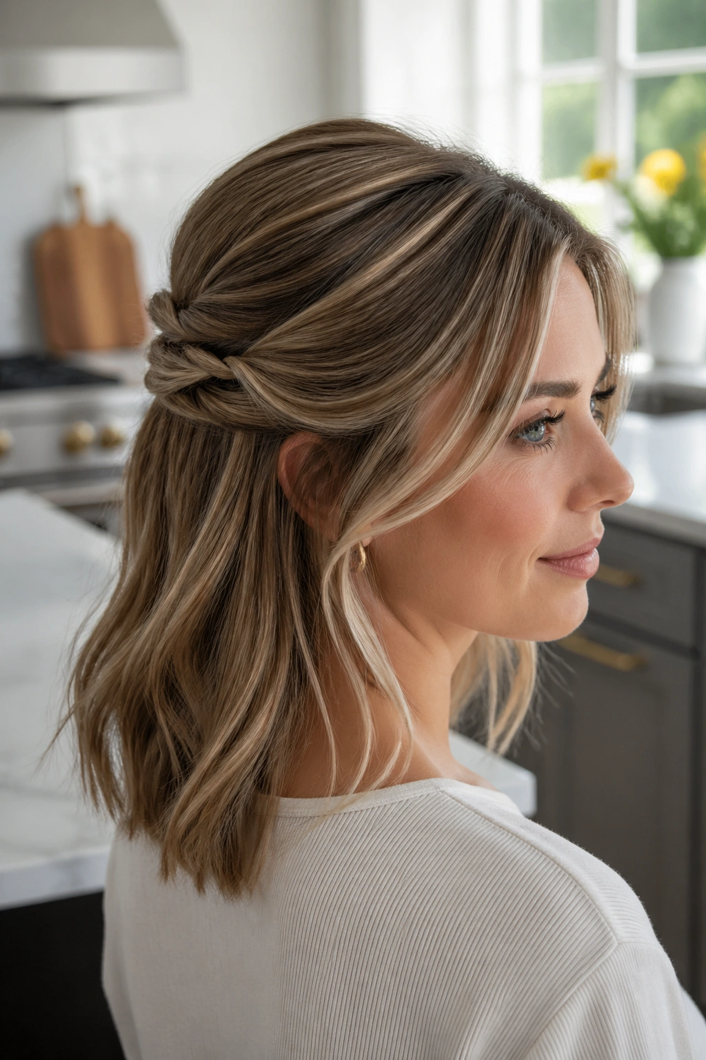 Close-up of half-up twist with hidden pins on a real woman in bright kitchen light