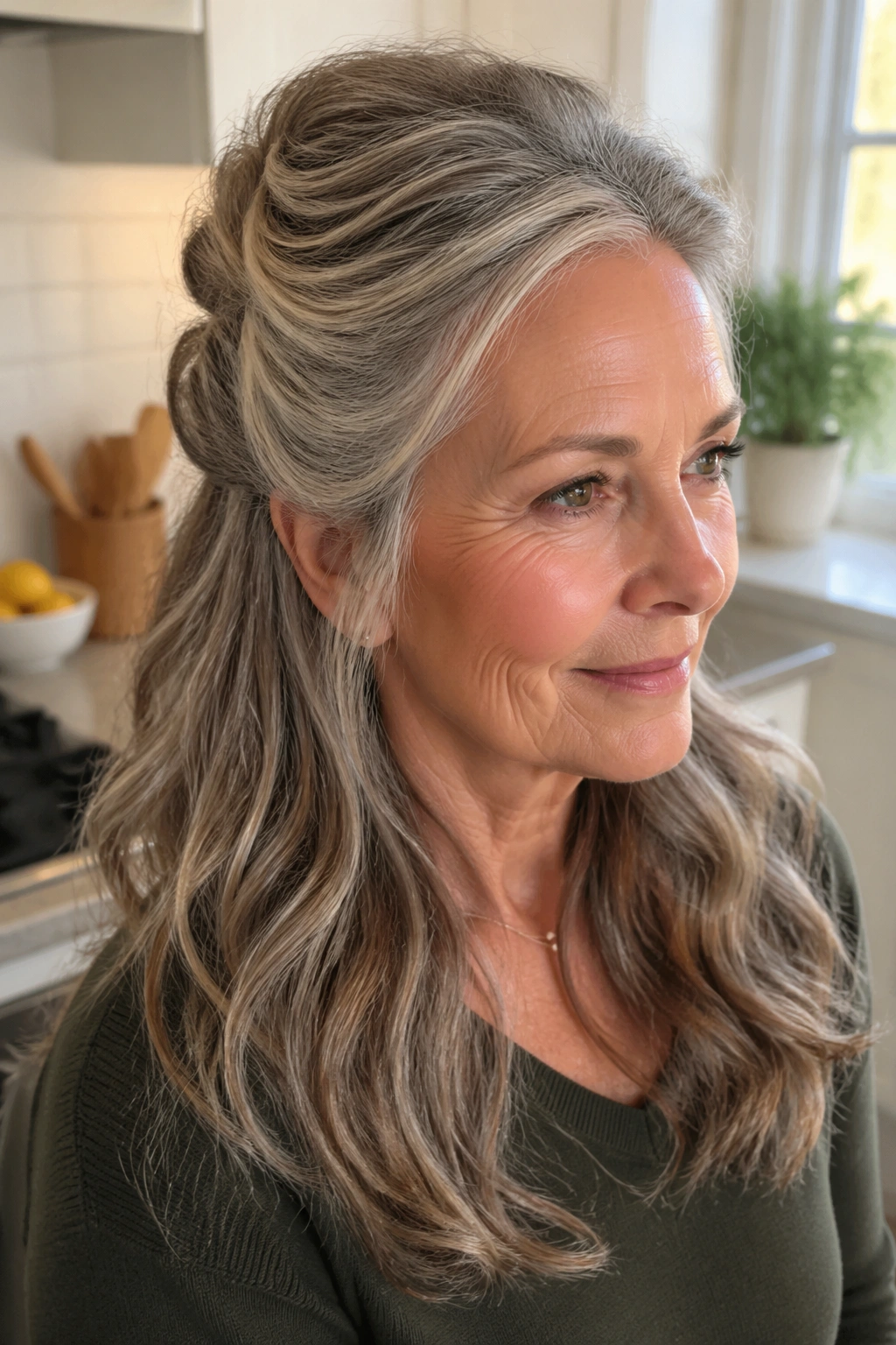 Close-up of real woman with half-up twist on busy day in kitchen light
