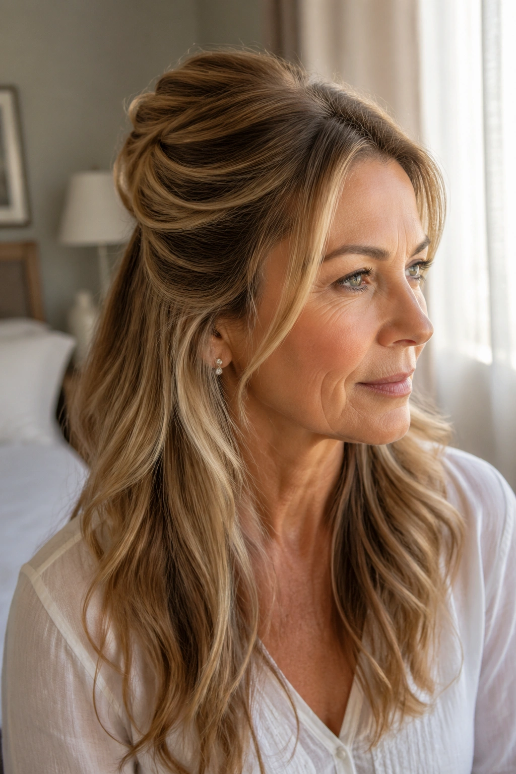 Close-up of a real woman with a soft half-up twist at the crown, top pinned back.