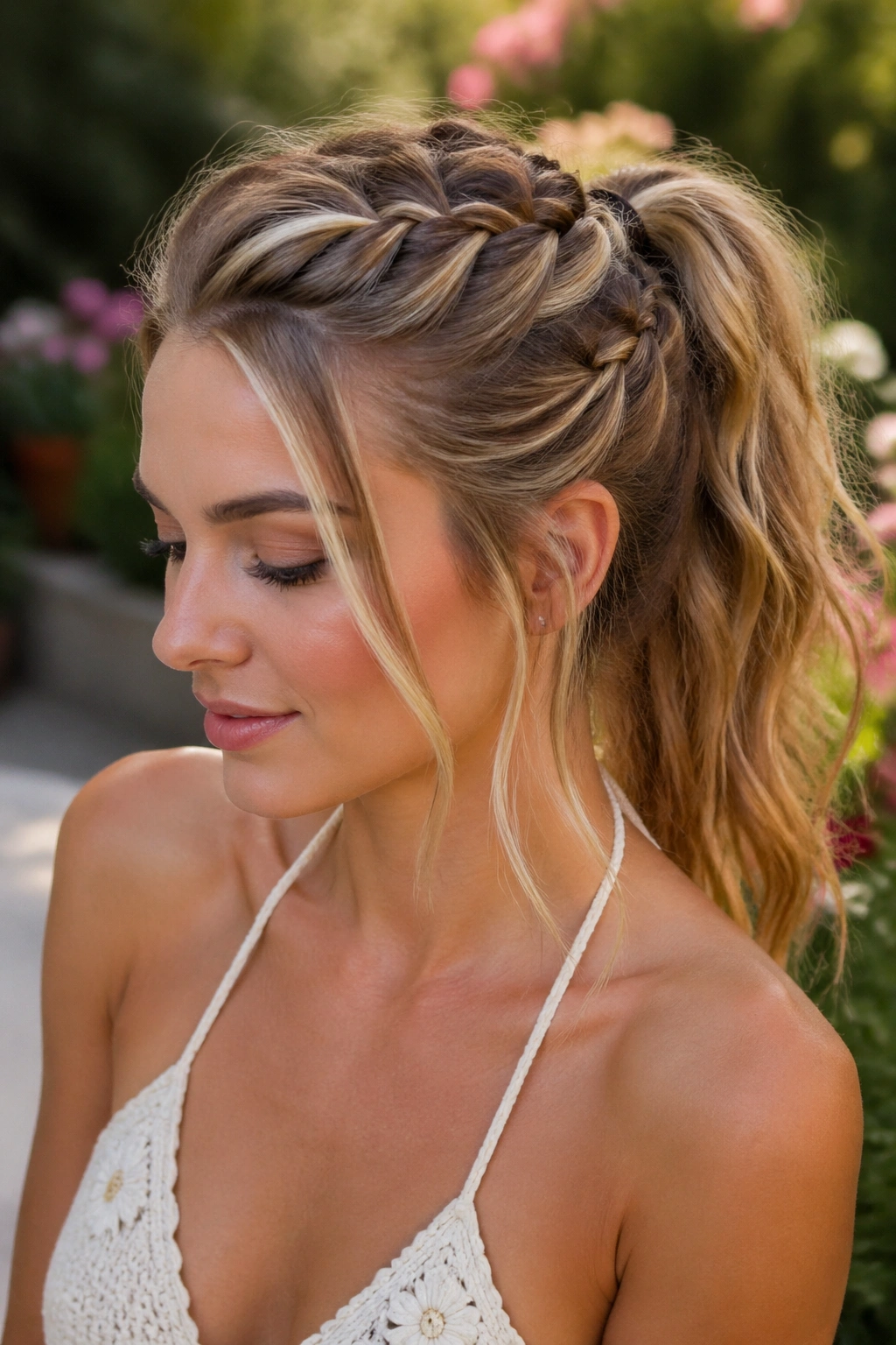 Close-up of half-up twisted braid pony on a real woman outdoors